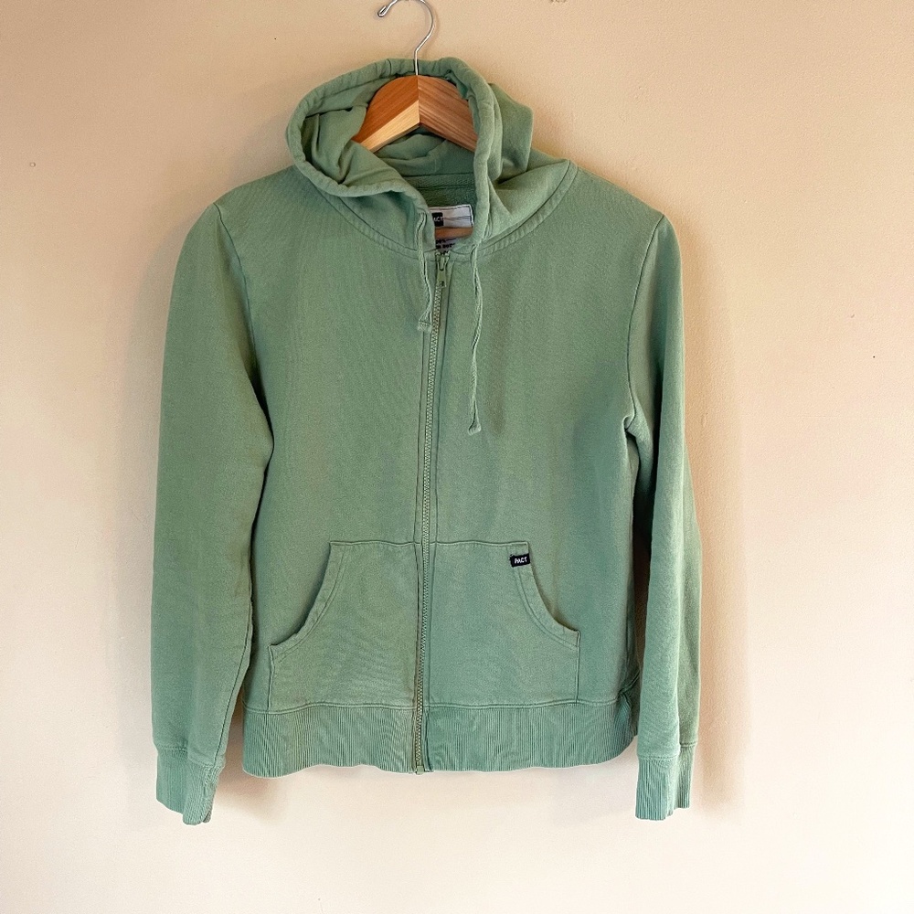 green Pact hoodie sweatshirt, medium, zip up, front pockets, 100% organic cotton